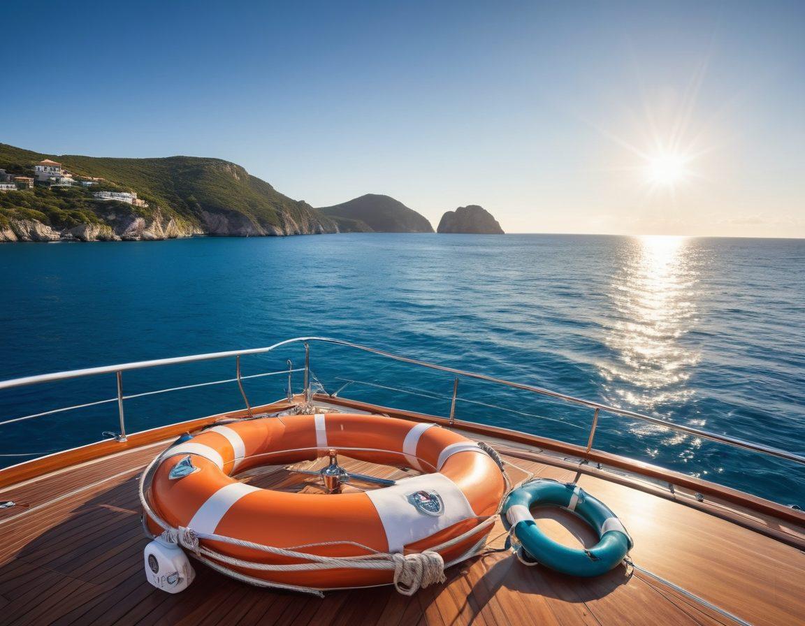 A luxurious yacht anchored in a serene blue ocean, capturing the sun's reflection on the water. Surrounding the yacht are various icons representing coverage options such as insurance policies, shields, and lifebuoys. In the background, a picturesque coastline and a clear sky symbolize peace of mind. This scene conveys a sense of protection and tranquility related to yacht ownership. super-realistic. vibrant colors. nautical theme.