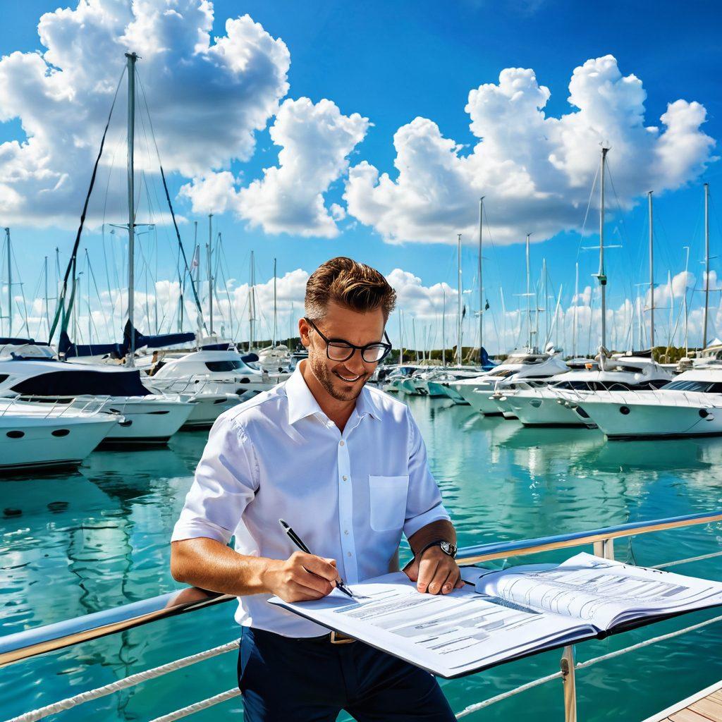 A serene marina filled with elegant yachts bobbing gently on turquoise waters, with a sunlit sky and fluffy clouds in the background. In the foreground, a friendly insurance agent engages with an enthusiastic yacht owner, both discussing insurance paperwork over a clipboard adorned with nautical motifs. Add a visual element of charts and graphs subtly overlaying the scene to signify data and coverage analysis. super-realistic. vibrant colors. white background.