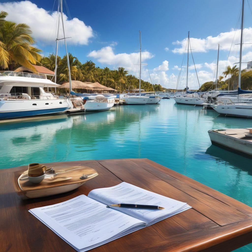 A serene marina scene showing a luxurious yacht anchored peacefully, surrounded by crystal-clear waters. Include a detailed backdrop of a coastal city with vibrant blue skies and fluffy white clouds. Add elements like a smartly dressed couple examining marine insurance documents at a stylish outdoor cafe nearby, with sailboats in the background. Emphasize the oceanic theme with hints of nautical gear and charts scattered on the tables. super-realistic. vibrant colors. tranquil atmosphere.